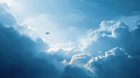An airplane silhouette glides through a canvas of dramatic clouds and a serene blue sky, offering a perfect backdrop for travel and adventure themes.の素材