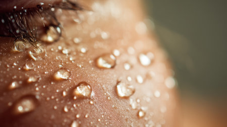 This detailed close-up showcases water droplets resting on skin, highlighting natural beauty and texture, emphasizing hydration and freshness.の素材