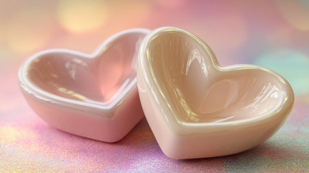 Two charming heart-shaped ceramic bowls are elegantly placed on a colorful pastel background, perfect for decoration and romantic occasions.の素材