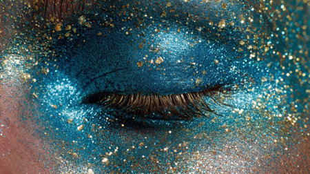 This close-up image showcases stunning blue eye makeup adorned with sparkling glitter, highlighting artistry and creativity in beauty. Perfect for fashion inspiration.の素材