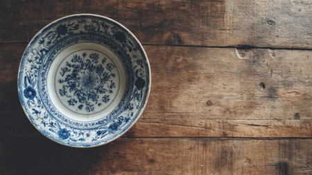 A vintage ceramic bowl with a beautiful blue floral pattern sits elegantly on a rustic wooden table, capturing a serene and inviting atmosphere.の素材