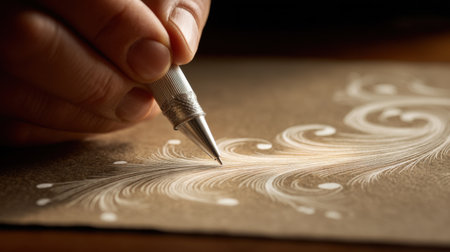 A close-up view of a hand skillfully holding a pen, drawing elegant swirl designs on a textured brown paper surface, showcasing artistic flair.の素材