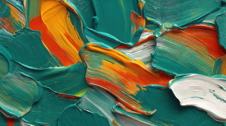 Discover a stunning abstract texture featuring bold brush strokes in turquoise, orange, and white. Ideal for backgrounds and artistic projects.の素材