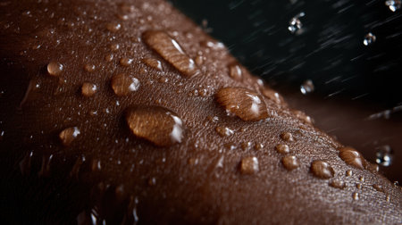 A stunning close-up image showcasing droplets of water on smooth dark skin, highlighting the beauty and freshness of hydration in natural light.の素材