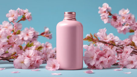 A stylish pink bottle stands prominently among delicate cherry blossom flowers against a soft blue background, perfect for beauty product promotions.の素材