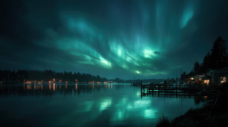 Experience the enchanting beauty of the northern lights illuminating the night sky over a tranquil lake and harbor setting.の素材