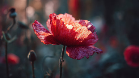 A stunning close-up of a red poppy flower, beautifully illuminated by soft sunlight. This image captures the intricate details and vibrant colors, showcasing the natural beauty of flora in a serene garden setting. Perfect for conveying themes of nature and tranquility.の素材