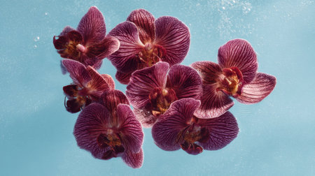 A stunning arrangement of burgundy orchids floating in clear blue water creates a peaceful and elegant nature background, perfect for various design needs.の素材