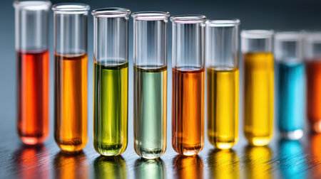 A collection of test tubes filled with vibrant liquids in various colors, illustrating chemical reactions in a modern laboratory environment.の素材