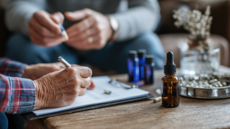 A close view of hands writing notes in a cozy indoor setting, with essential oils and natural remedies nearby, emphasizing wellness and self-care.の素材