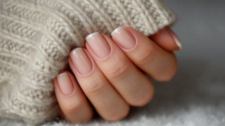 This image features a close-up of a hand displaying a neat manicure with French tips, resting on a cozy knit sweater, creating a serene and elegant atmosphere.の素材