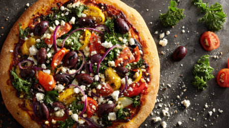 This vibrant vegetable pizza features olives, tomatoes, and cheese toppings on a rustic stone surface, perfect for any meal.の素材