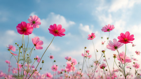 A breathtaking view of vibrant pink flowers in a field, reaching toward a bright blue sky filled with soft clouds, evoking a sense of peace and beauty.の素材