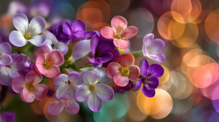 This stunning image captures a beautiful floral arrangement featuring vibrant purple, pink, and white blooms against a soft bokeh background.の素材
