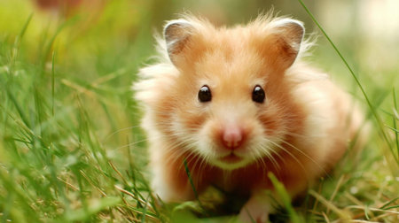 A delightful close-up of a cute hamster exploring its lush green grass habitat, showcasing its soft fur and bright, curious eyes. Perfect for animal lovers!の素材