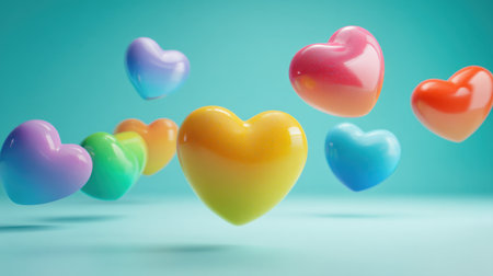 A collection of colorful hearts floating gracefully against a soft blue background, symbolizing joy, love, and positivity in creative designs.の素材