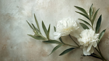 A beautiful composition of elegant white peonies and green leaves set against a soft textured background, perfect for seasonal decoration and floral inspiration.の素材
