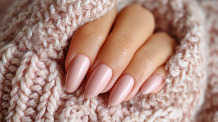 A close-up image of a woman's hand with soft pink nails resting on a cozy knitted blanket, creating a warm and inviting atmosphere.の素材