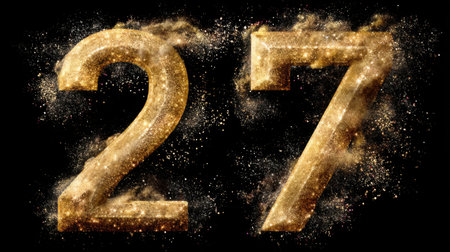 Stunning golden number 27 surrounded by sparkling dust and cosmic elements, set against a deep black background for striking visual impact.の素材