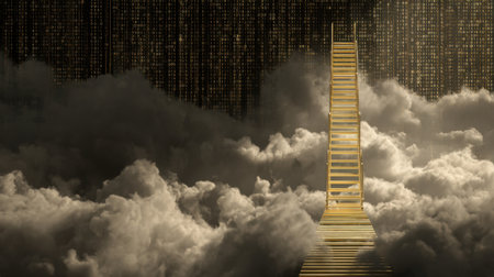 A stunning visual of a golden staircase rising through fluffy clouds, surrounded by floating binary code, evokes themes of journey and exploration.の素材