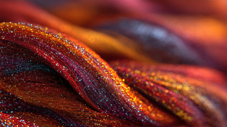 This image captures a close-up view of stunning colorful fibers featuring glittering textures in red, orange, and gold hues, perfect for artistic projects.の素材