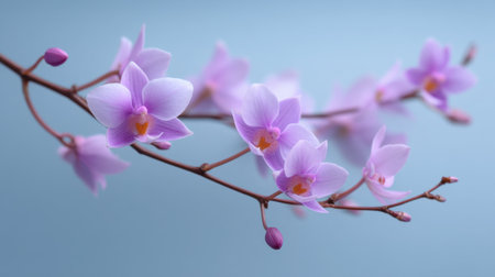 This beautiful image showcases delicate pink orchid flowers on a slender branch, set against a soft blue background. Perfect for nature themes.の素材