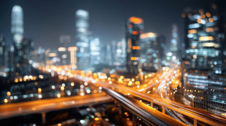 This captivating nighttime cityscape showcases a blur of lights and skyscrapers, embodying the energy and vibrancy of urban life.の素材