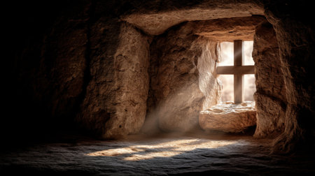 A serene stone window with a cross lets soft light enter a dark space, creating a peaceful and spiritual atmosphere perfect for reflection.の素材