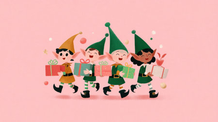 This vibrant illustration captures four cheerful elves joyfully carrying colorful gift boxes against a soft pink background, perfect for holiday themes.の素材