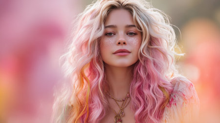 A captivating portrait of a young woman with colorful hair and freckles, radiating beauty amidst a dreamy pastel backdrop, embodying a serene vibe.の素材