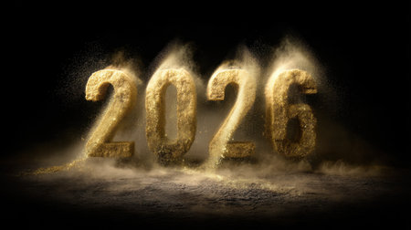 A stunning visual representation of the year 2026 created with shimmering gold dust against a dark backdrop. The numbers are crafted to evoke celebration and anticipation, ideal for showcasing aspirations or future events.の素材