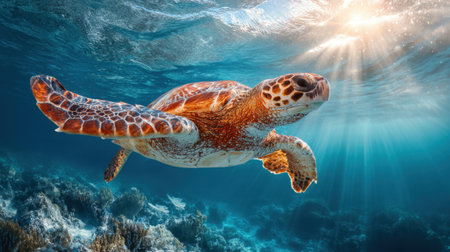 A stunning image of a sea turtle gracefully swimming in clear ocean waters, showcasing vibrant coral reefs and beams of sunlight filtering through.の素材