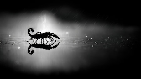 This black and white image captures a scorpion walking on a serene water surface at night, beautifully reflecting its silhouette amidst raindrops.の素材