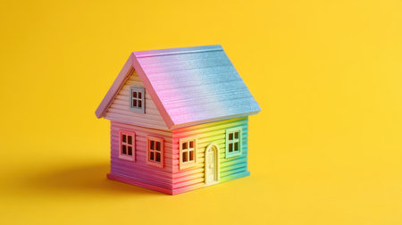 This vibrant miniature house model showcases rainbow colors against a bright yellow background, perfect for creative concepts or playful decorations.の素材