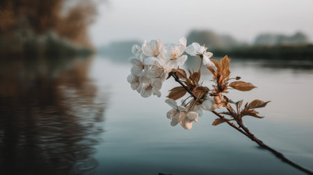 A close-up view of a delicate white cherry blossom branch gently emerging from a serene river, surrounded by soft morning light and tranquility.の素材