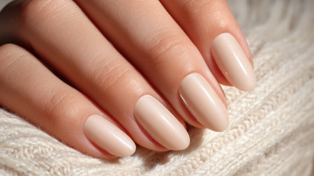 A close-up image of a well-groomed hand with beige nails resting on a soft knit fabric. This photo conveys elegance and beauty, ideal for fashion and lifestyle themes.の素材