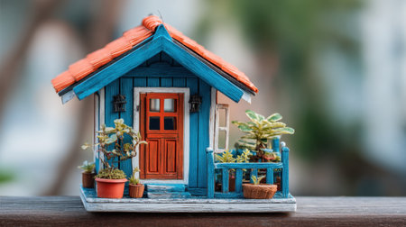 This charming colorful miniature house model showcases bright blue walls and an orange roof, adorned with potted plants, creating a whimsical atmosphere.の素材