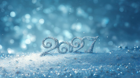 A stunning winter scene featuring a sparkling 2027, surrounded by soft snow and dreamy bokeh effects, perfect for holiday celebrations.の素材
