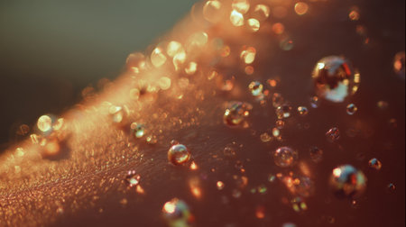 This stunning close-up image captures glimmering water droplets on a soft surface, beautifully illuminated by warm light. The ethereal composition showcases the delicate details and vibrant reflections, creating a serene and refreshing atmosphere.の素材
