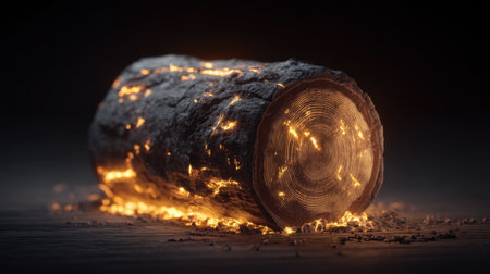 This captivating image features a glowing log with fiery embers in a dark setting, showcasing the beauty of natural wood elements and warmth.の素材