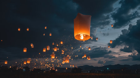 A mesmerizing scene of floating lanterns lighting up the twilight sky, creating a magical atmosphere filled with wonder and tranquility.の素材