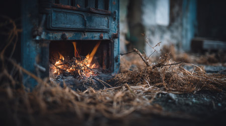 An intimate view of an abandoned stove radiating warmth with subtle flames, encircled by dry grass and twigs in a serene, forgotten space.の素材