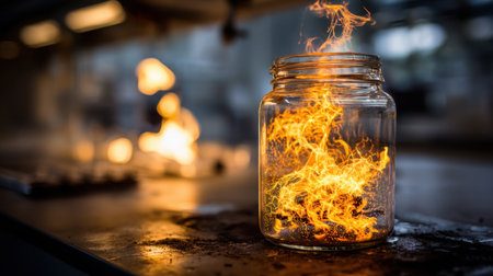 A mesmerizing jar filled with vibrant flames showcases the dynamic power of fire in a laboratory setting. This image captures the energy and creativity of scientific experimentation.の素材