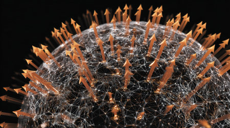 This image presents an imaginative view of a globe adorned with luminous arrows, highlighting themes of growth, direction, and technological advancement against a dark backdrop.の素材