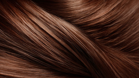This captivating close-up showcases strands of silky, smooth chestnut hair with a rich color and glossy finish, ideal for beauty and fashion uses.の素材