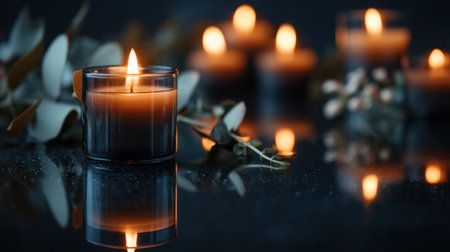 Explore the soothing beauty of glowing candles nestled among natural elements. This image captures a tranquil ambiance perfect for relaxation and serenity.の素材