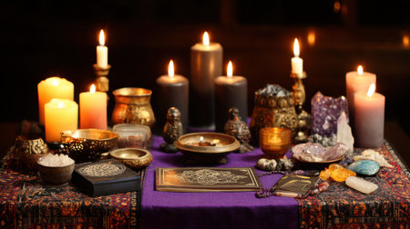 A beautifully arranged mystical altar featuring various candles, crystals, and decor elements creating a serene atmosphere for spiritual rituals and meditation practices.の素材