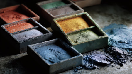 Colorful pigment powders are artistically displayed in rustic containers, showcasing rich tones and textures in natural light, ideal for creative projects.の素材