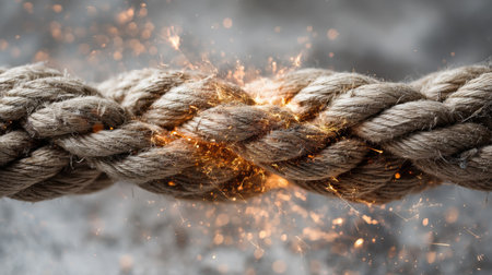 A close-up view of a tightly woven rope creating sparks and glowing embers, symbolizing energy and strength in a dynamic outdoor setting.の素材
