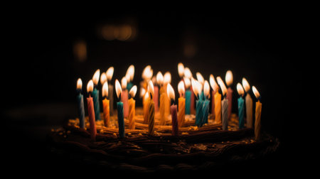 A stunning view of colorful birthday candles illuminating a cake in a dark setting. The warm glow evokes feelings of joy and celebration. Perfect for capturing festive moments.の素材
